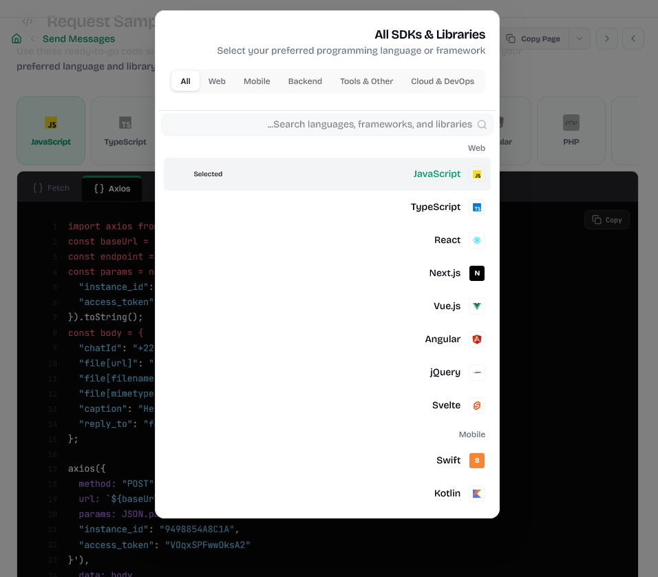 Request Samples: Automated code generation for various languages and libraries.