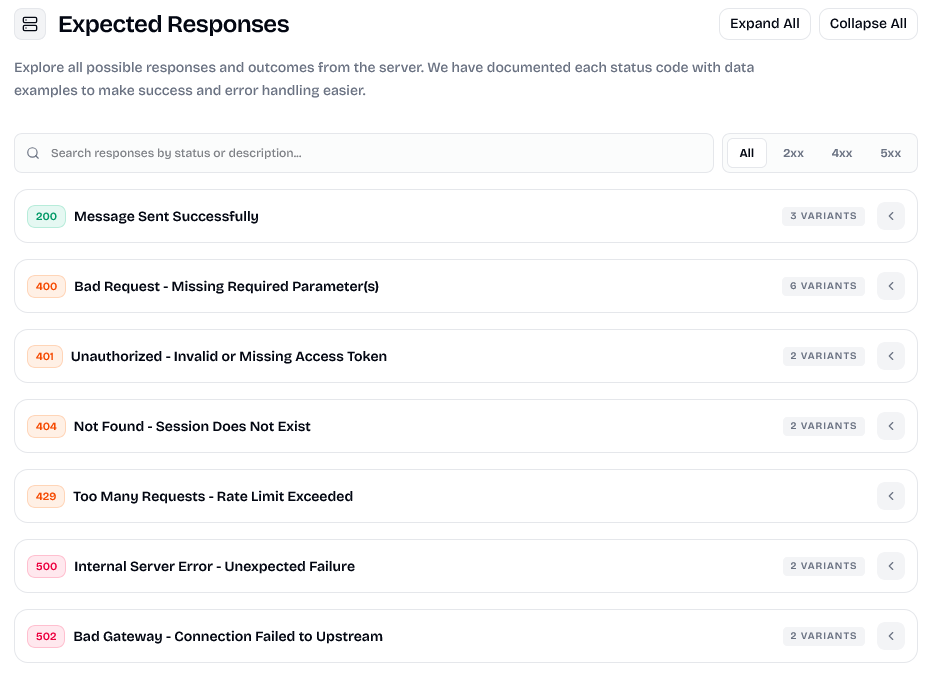 Expected Responses: Detailed success and error response examples for robust integration.